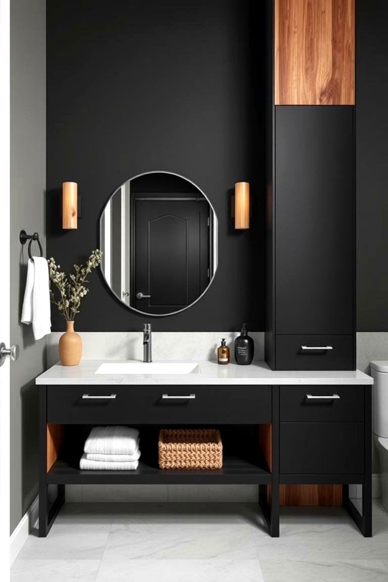 Black Vanity with Natural Wood Accents - 24 Black Vanity Bathroom Ideas