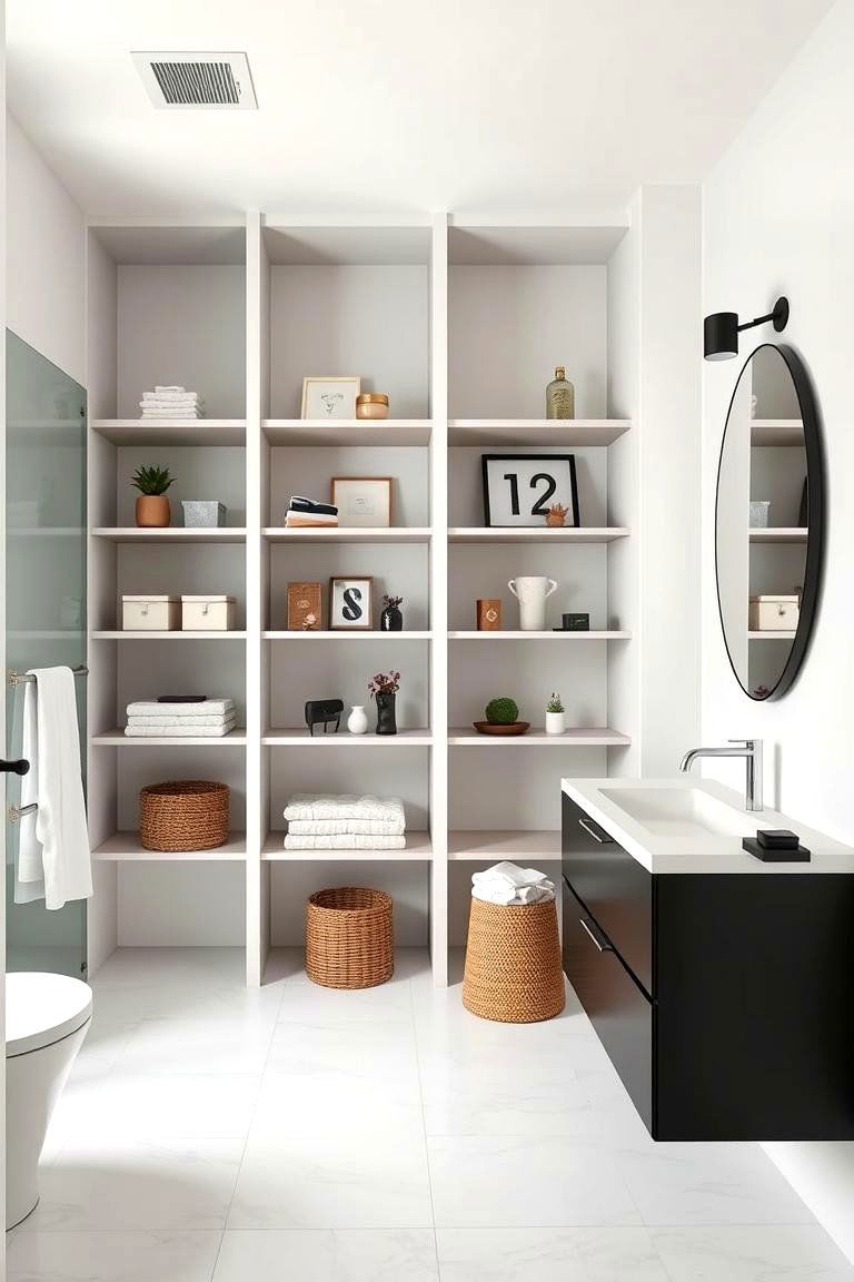 Black Vanity with Open Shelving and Minimalism - 24 Black Vanity Bathroom Ideas