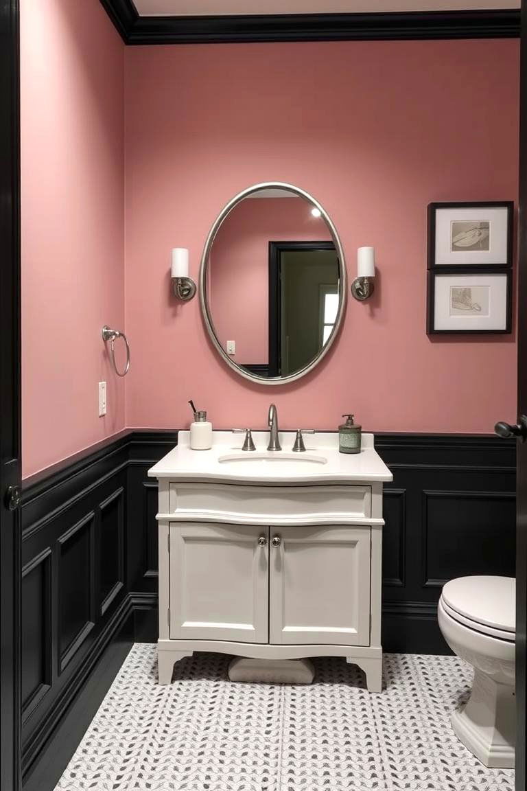 Black Wainscoting with Pink Upper Walls - 24 Pink and Black Bathroom Ideas