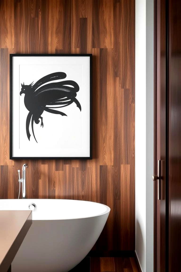 Black Wall Art on a Wooden Feature Wall - 24 Black and Wood Bathroom Ideas