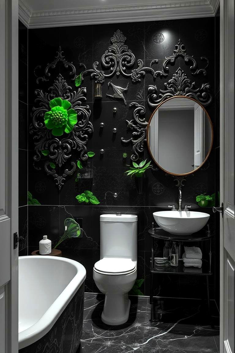 Black Wall Art with Green Highlights - 24 Black and Green Bathroom Ideas