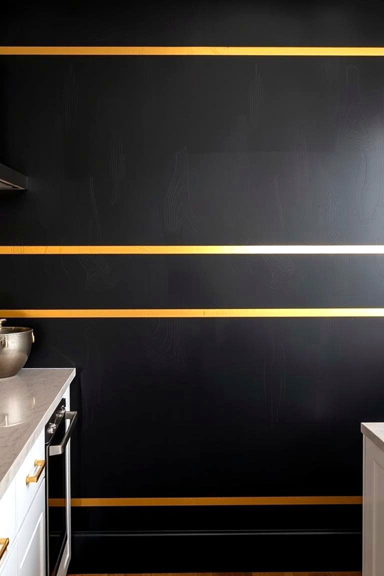 Black Walls with Gold Accent Strips - 24 Black and Gold Kitchen Ideas