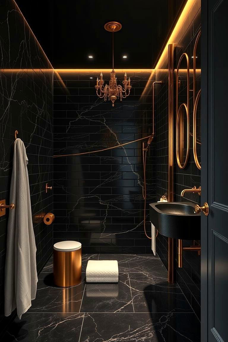 Black and Gold Accents - 24 Black Tile Bathroom Ideas