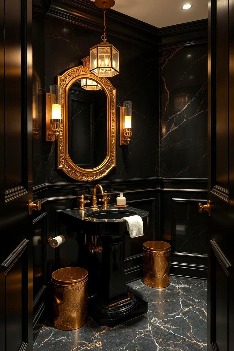 Black and Gold Glam Powder Room - 24 black powder room ideas