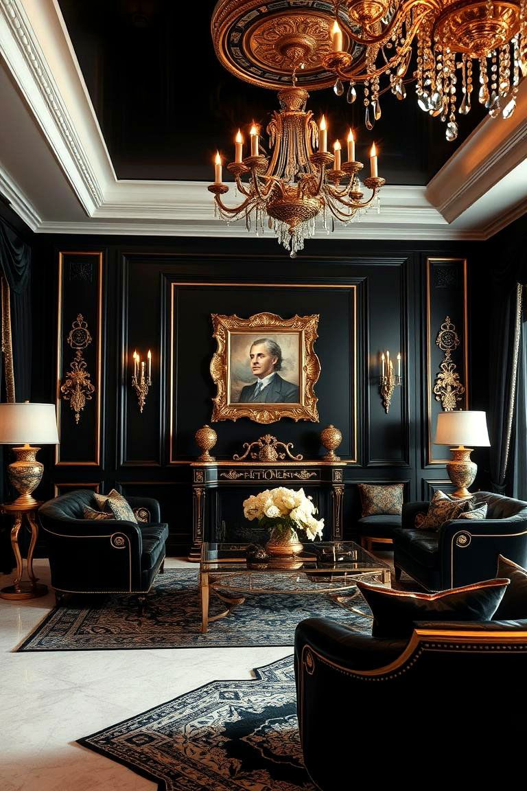 Black and Gold Glamour - 24 Black Living Room Ideas
