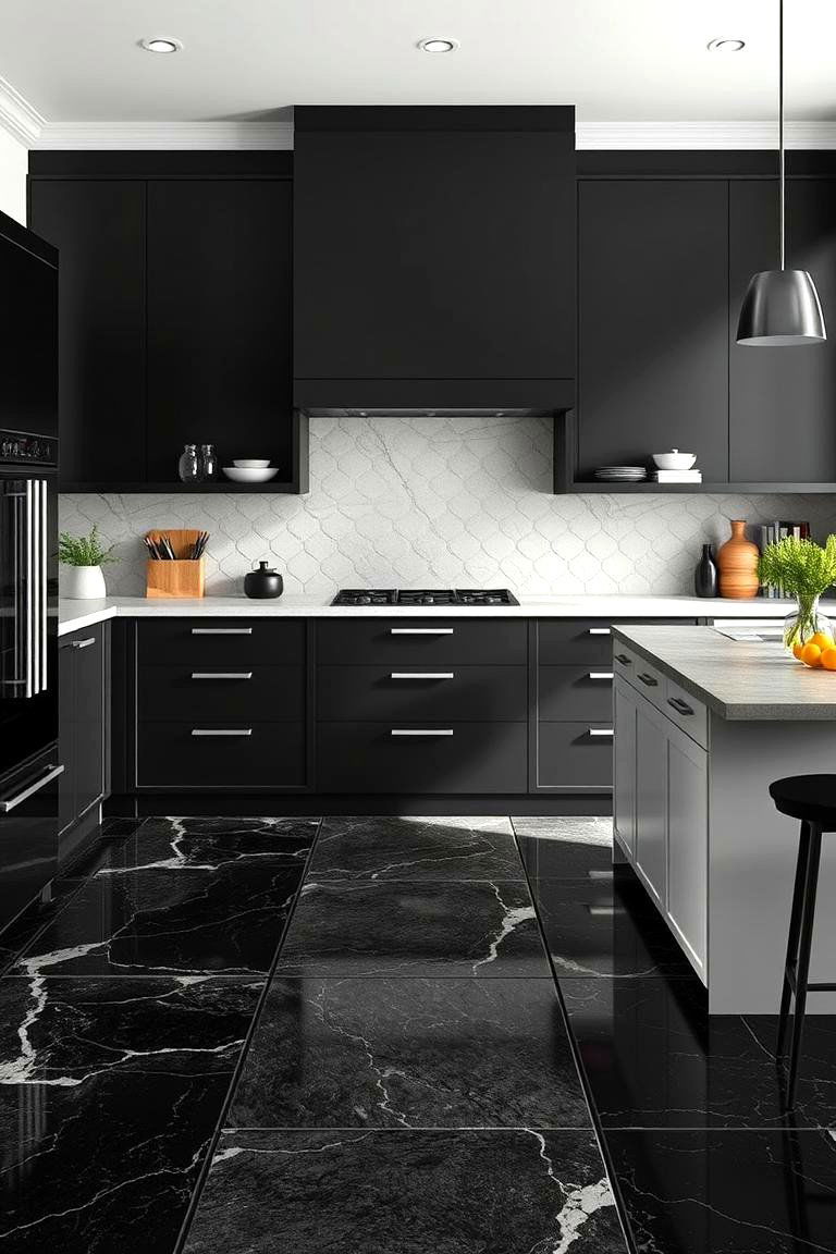 Black and Grey Stone Mix Flooring - 24 Black Floor Kitchen Ideas