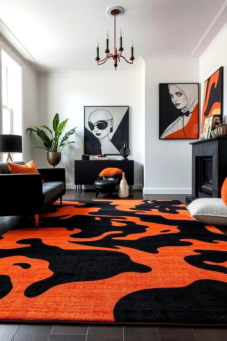 Black and Orange Statement Rug to Define Space - 24 Black and Orange Living Room Ideas