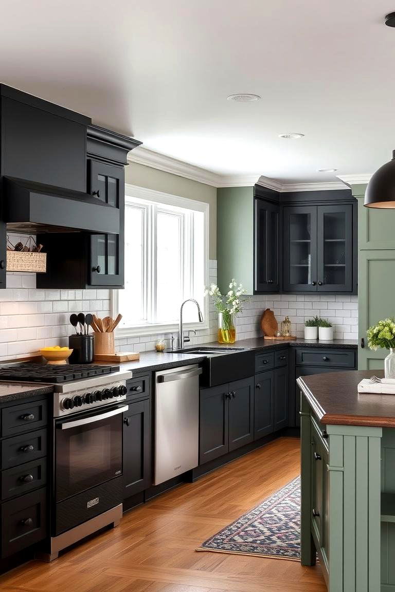 Black and Sage Green Modern Farmhouse Kitchen - 24 Sage Green and Black Kitchen Ideas