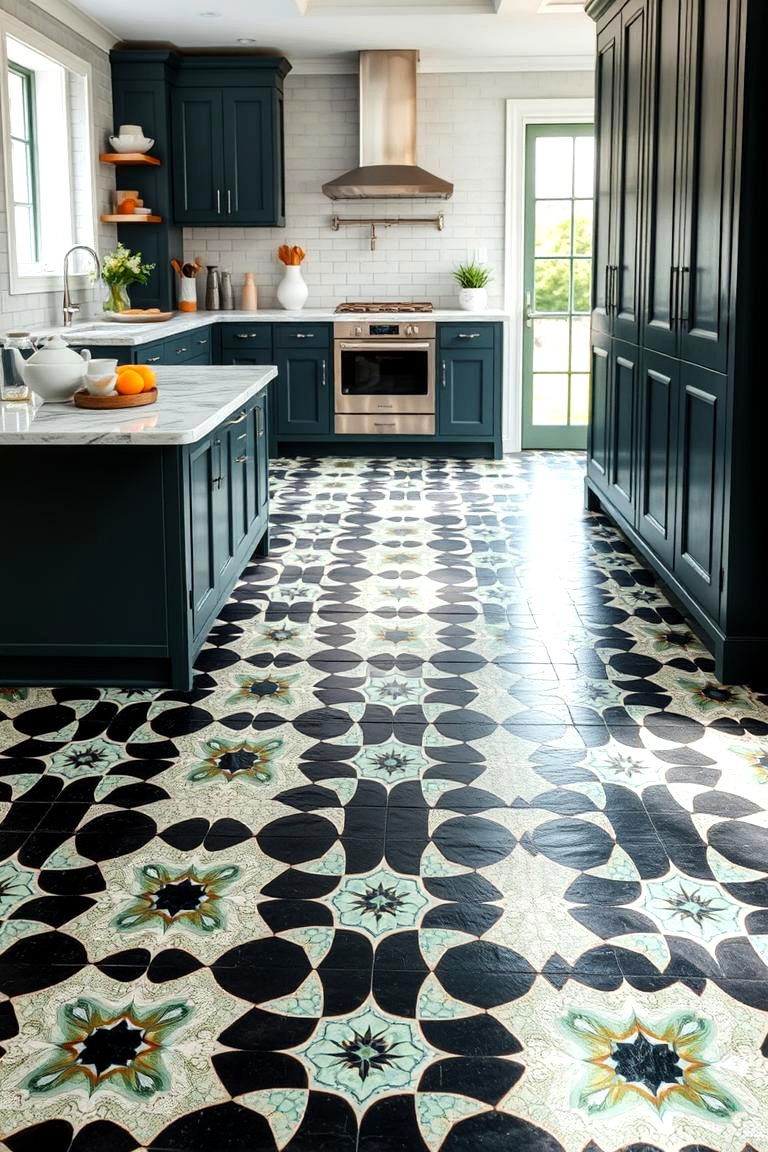Black and Sage Green Patterned Floor Tiles - 24 Sage Green and Black Kitchen Ideas