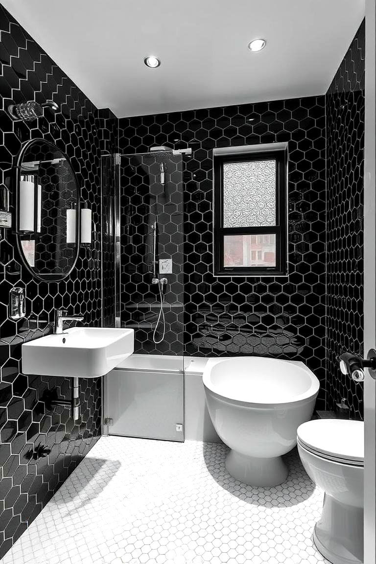 Black and White Contrast - 24 Hexagon Tiles Ideas for Bathrooms