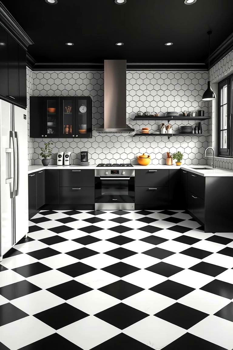 Black and White Contrast Flooring - 24 Black Floor Kitchen Ideas