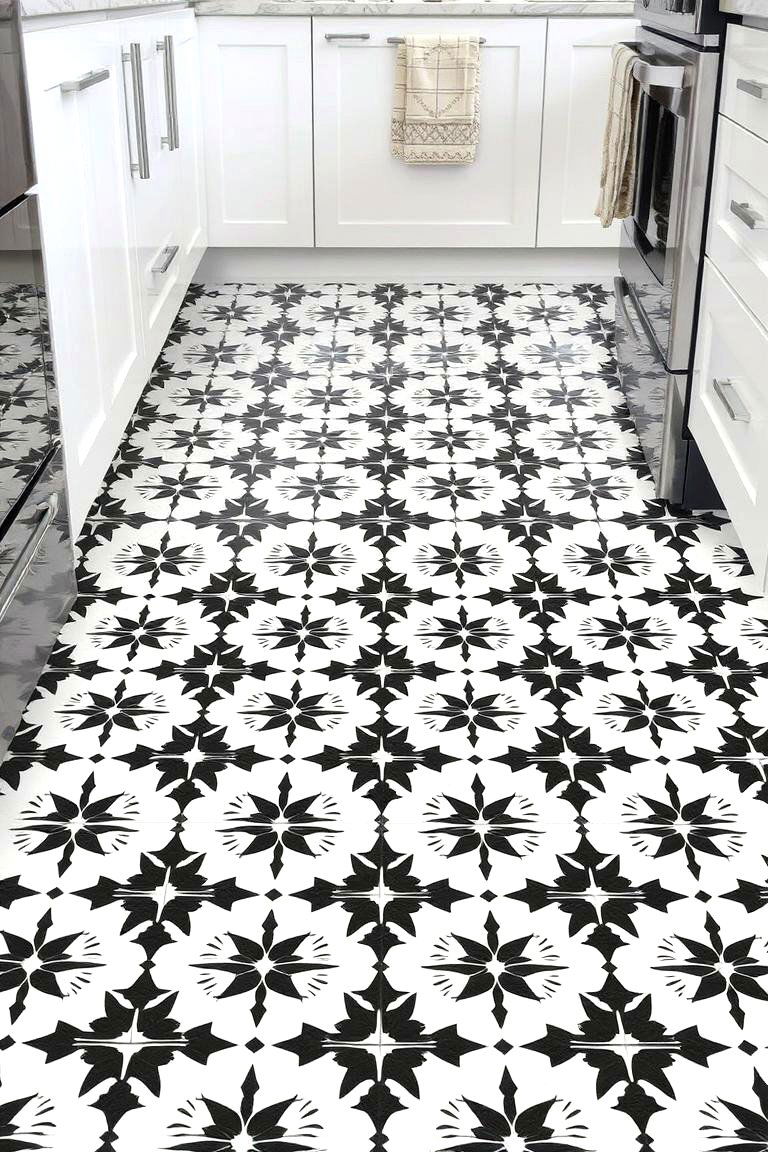 Black and White Patterned Floor Tiles - 24 White Kitchen with Black Appliances Ideas
