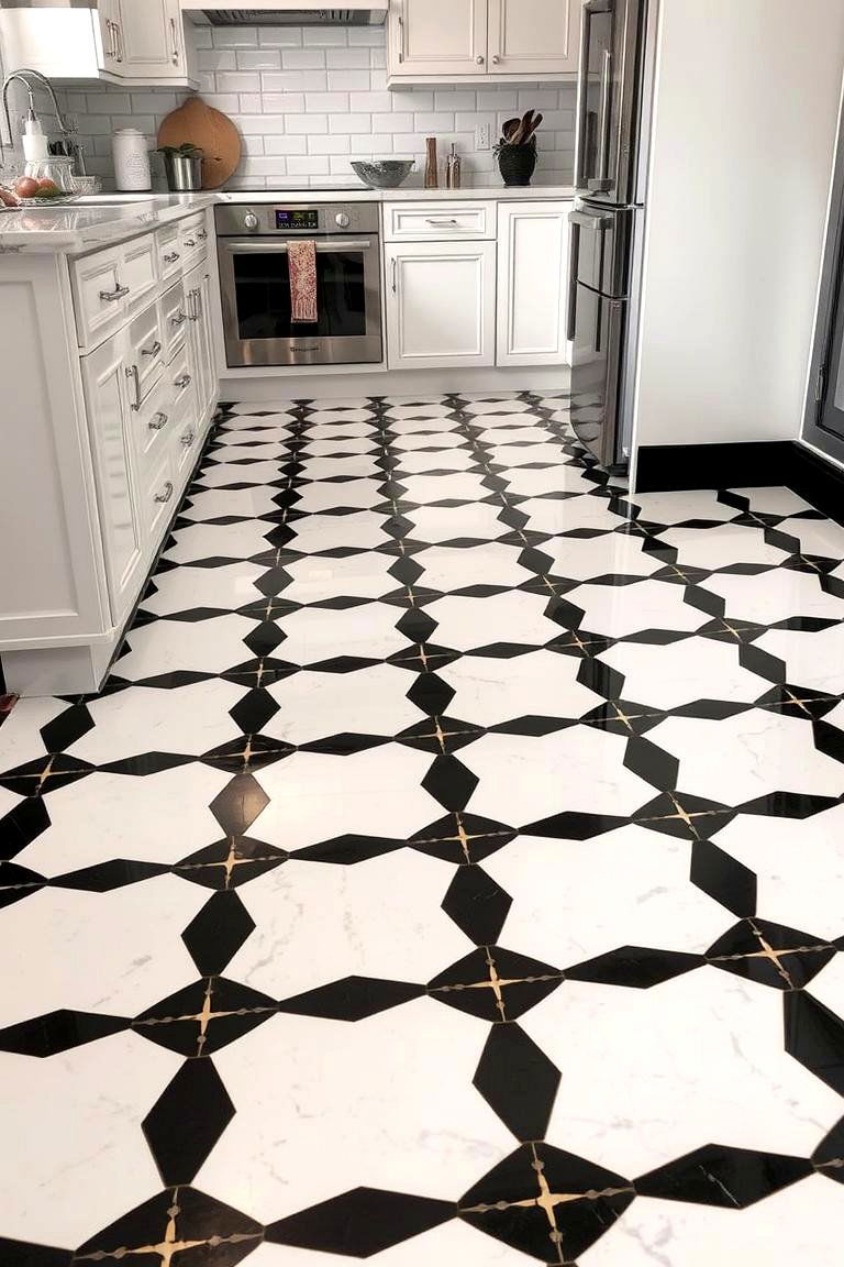 Black and White Patterned Flooring with Gold Inlays - 24 black white and gold kitchen ideas