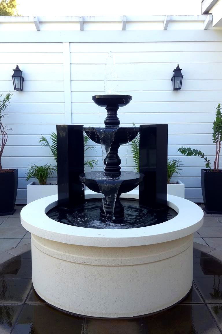 Black and White Water Fountain - 24 Black and White Patio Ideas