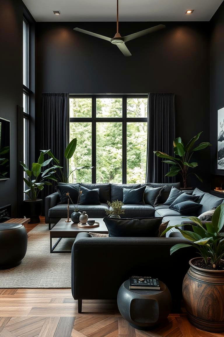 Black with Natural Elements - 24 Black Living Room Ideas