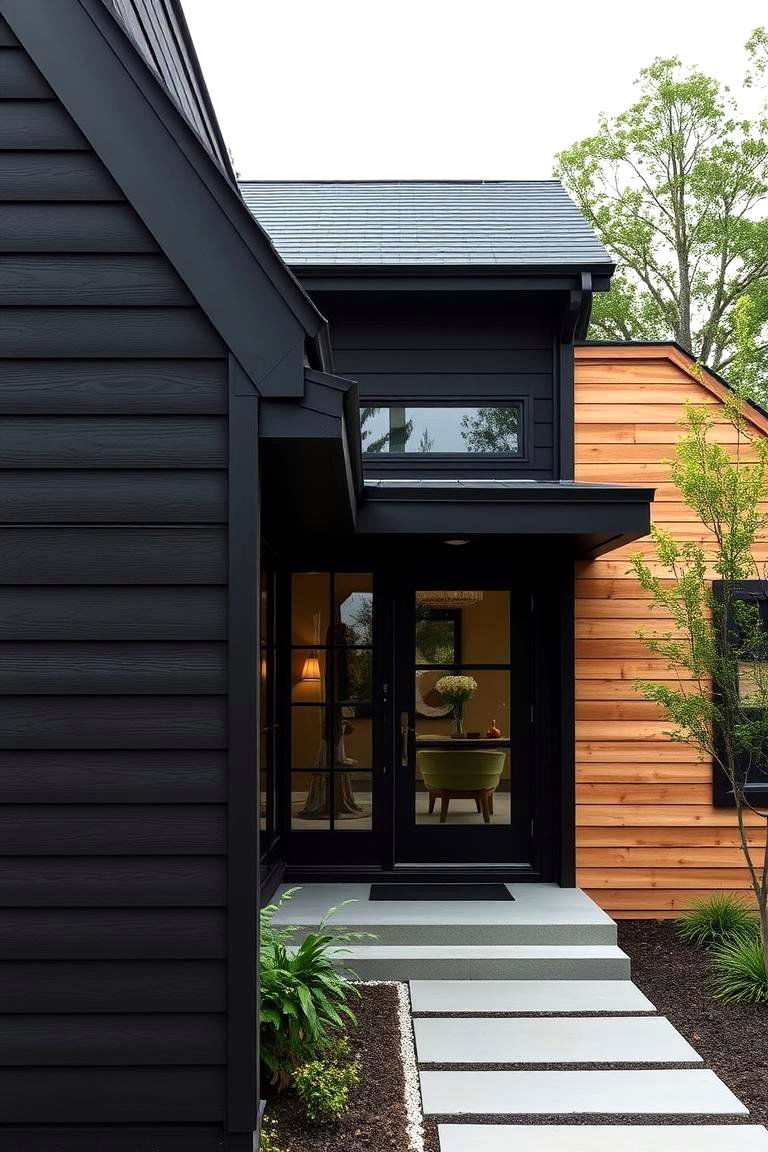 Black with a Satin Finish - 24 Paint Colors for a Modern Black House With Cedar Accents