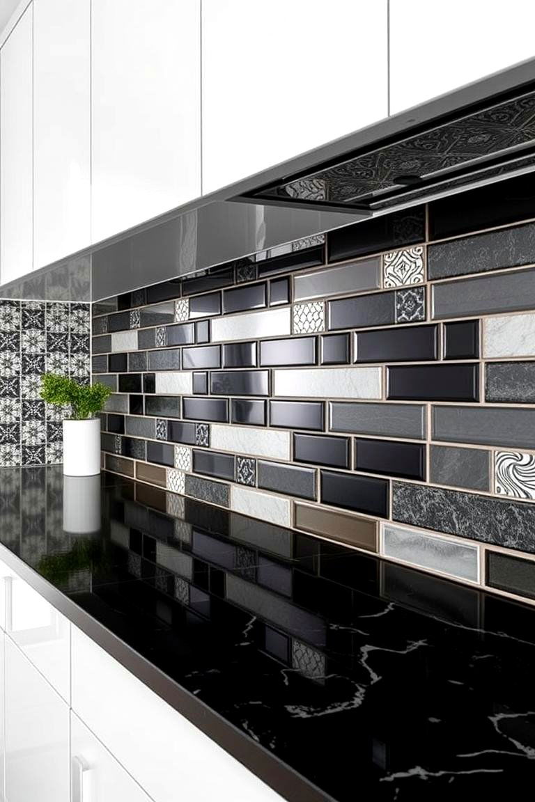 Blending Materials and Textures in Black Backsplash - 24 Kitchen With Black Backsplash
