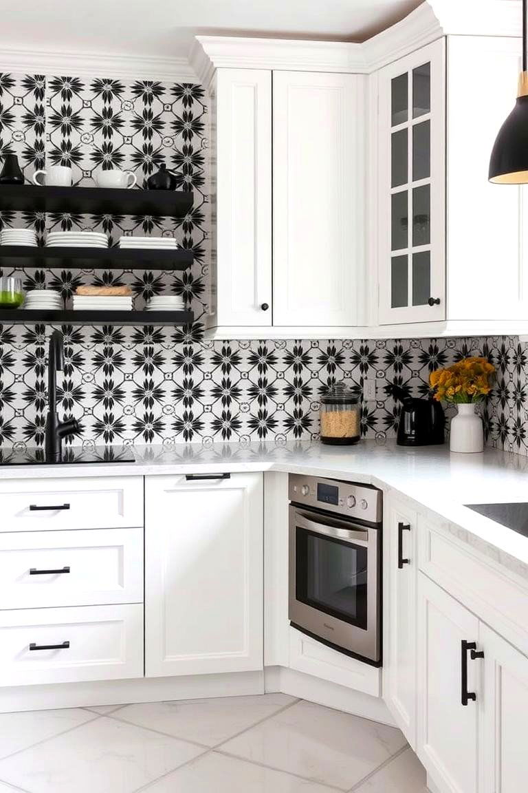 Blending with Backsplash Designs - 24 White Kitchen Cabinets With Black Hardware