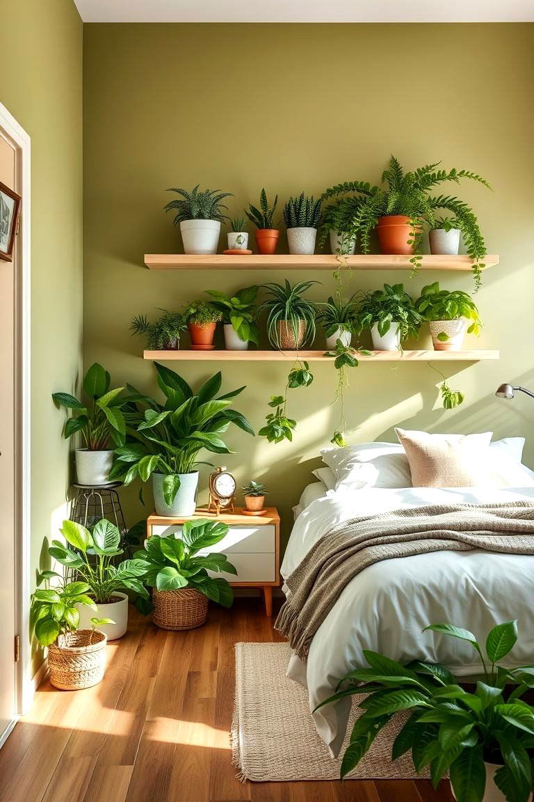 Blooming Olive Green with Indoor Plants - 24 Olive Green Bedroom Ideas