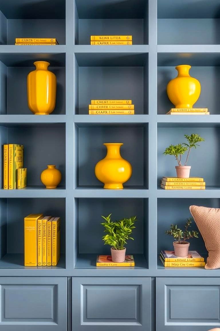 Blue Built in Shelves with Yellow Decor - 24 Yellow and Blue Living Room Ideas