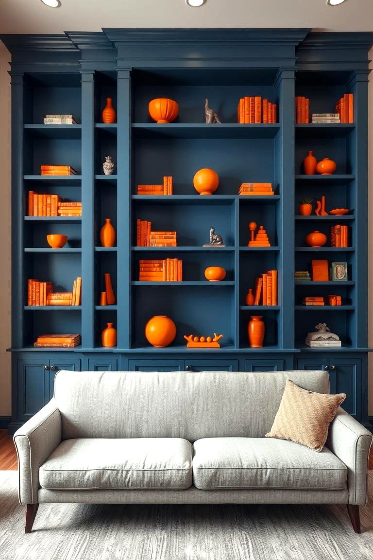 Blue Built in Shelving with Orange Decor - 24 orange and blue living room ideas
