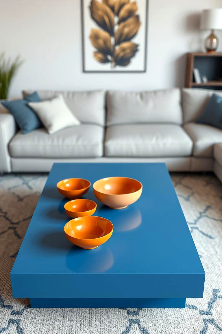 Blue Coffee Table with Orange Decorative Bowls - 24 orange and blue living room ideas