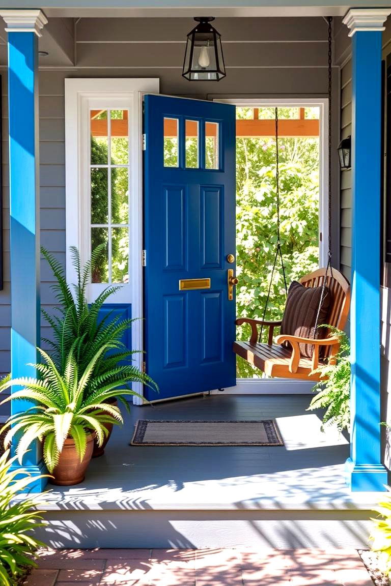 Blue Door Leading to a Grey Porch - 24 Grey House With Blue Door Ideas