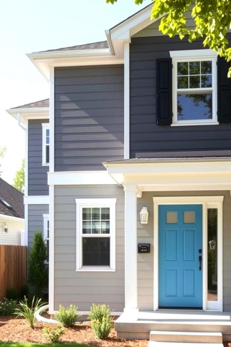 Blue Door on a Two Toned Grey House - 24 Grey House With Blue Door Ideas
