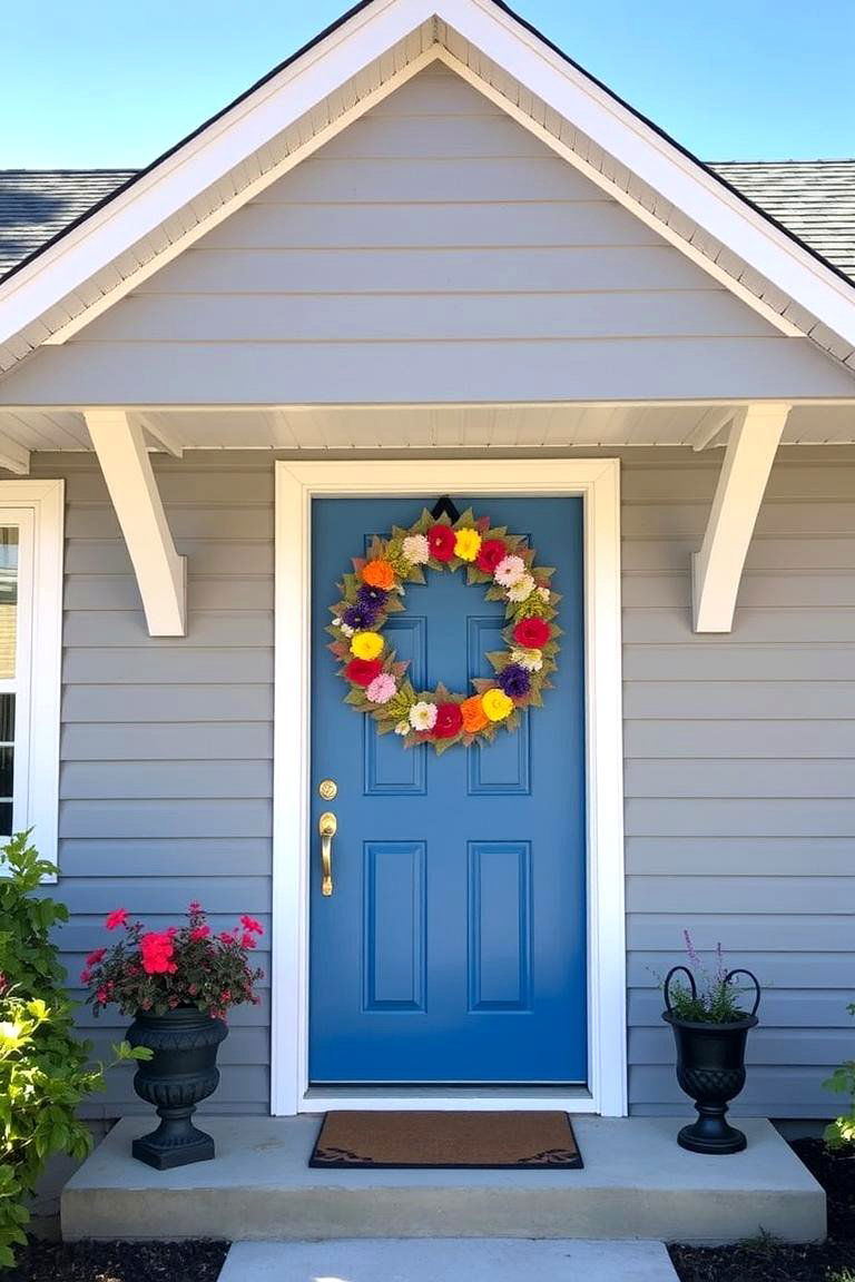 Blue Door with Decorative Wreath - 24 Grey House With Blue Door Ideas