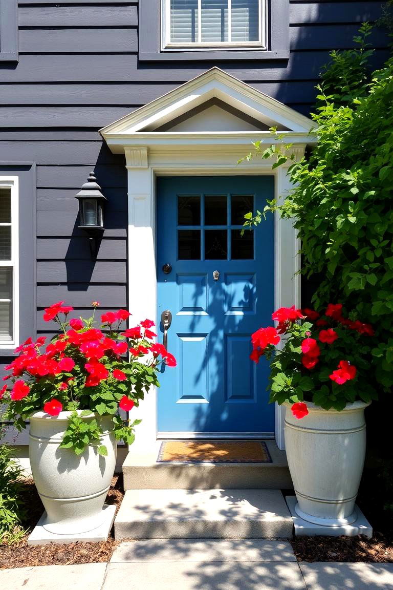 Blue Door with Flanking Planters - 24 Grey House With Blue Door Ideas