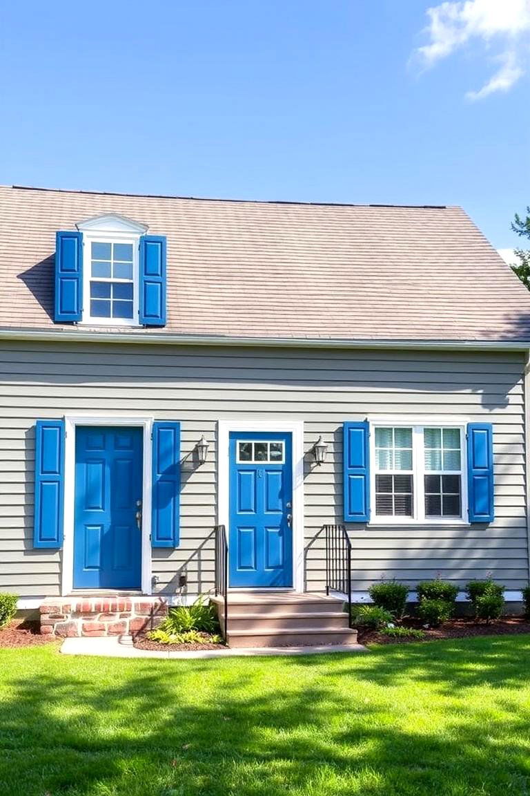 Blue Door with Matching Blue Shutters - 24 Grey House With Blue Door Ideas