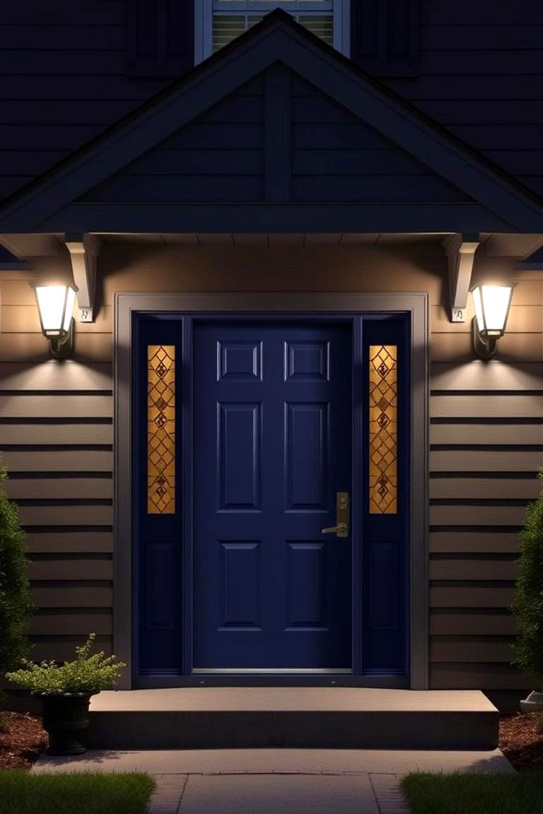 Blue Door with Outdoor Lighting Fixtures - 24 Grey House With Blue Door Ideas