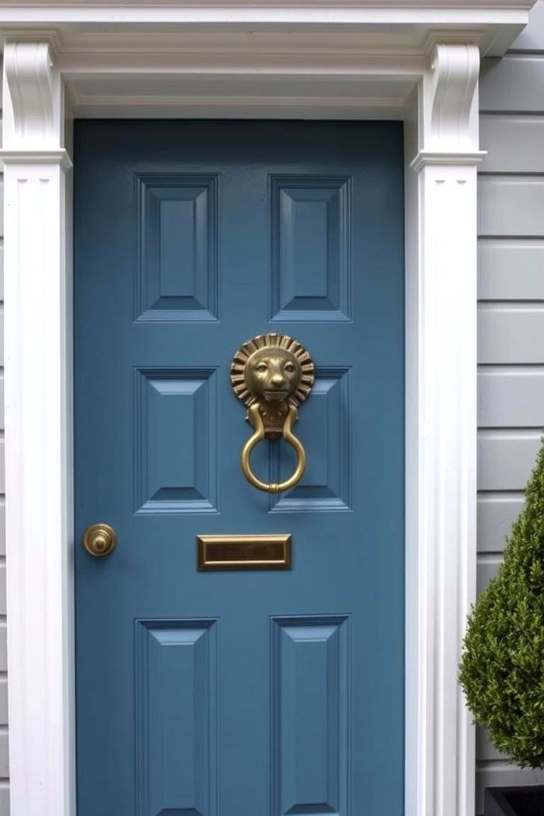 Blue Door with Statement Doorknocker - 24 Grey House With Blue Door Ideas