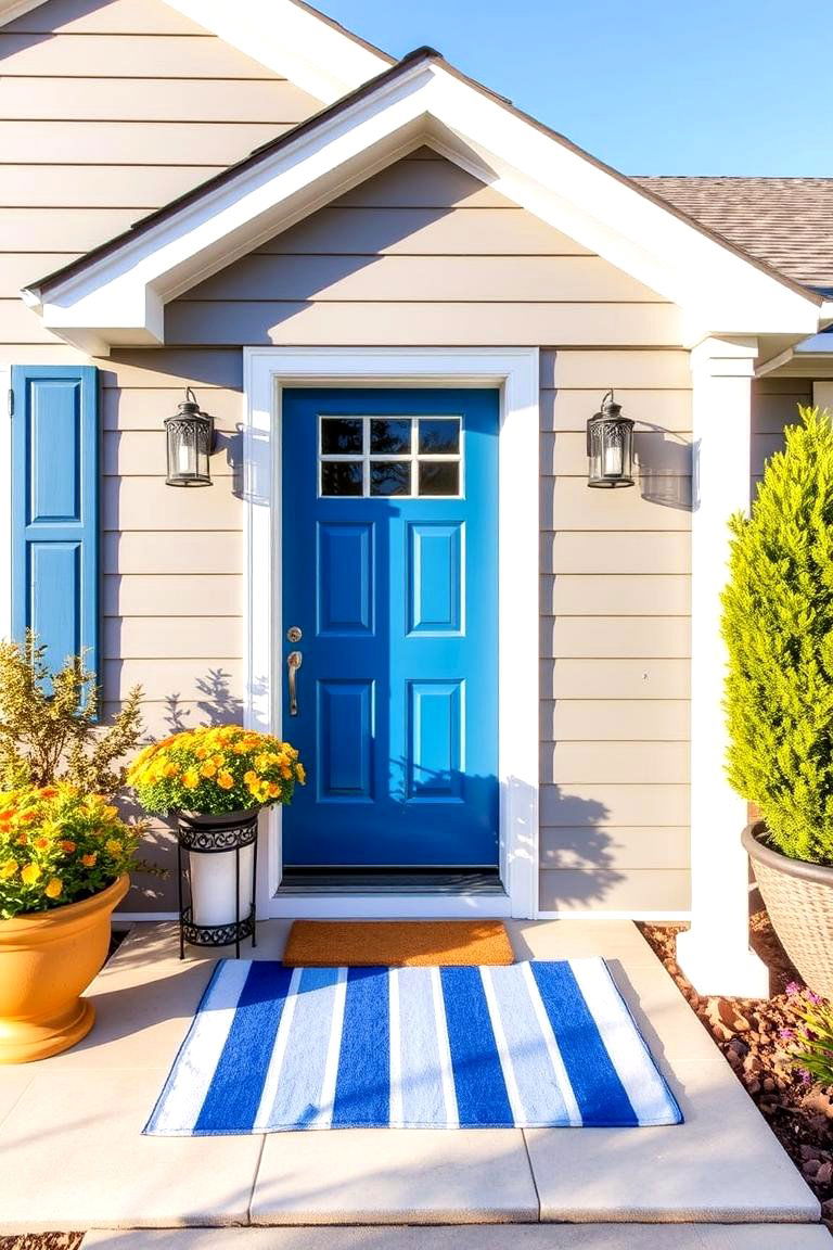 Blue Door with a Coordinating Welcome Mat - 24 Grey House With Blue Door Ideas