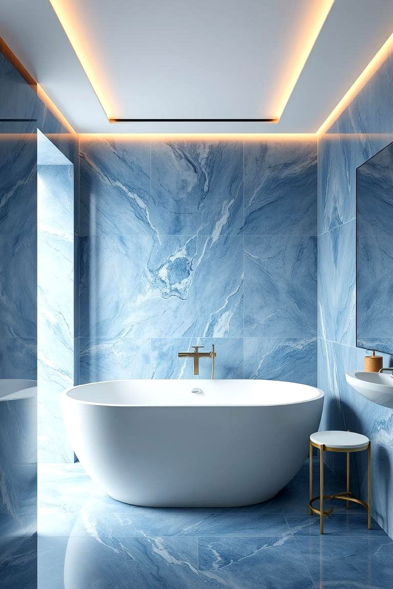 Blue Marble Effect Tiles - 24 Blue Tile Bathroom Ideas