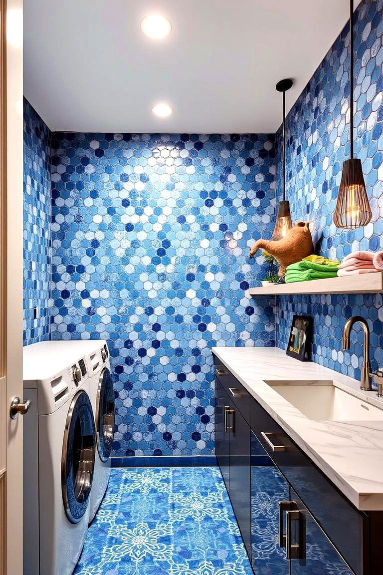 Blue Mosaic Tile Detailing - 24 Blue Laundry Room Ideas