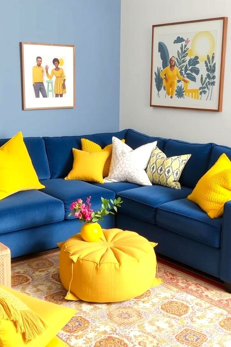 Blue Sectional with Yellow Throw Pillows - 24 Yellow and Blue Living Room Ideas