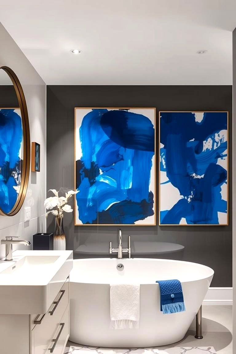 Blue Statement Artwork - 24 Blue Bathroom Ideas
