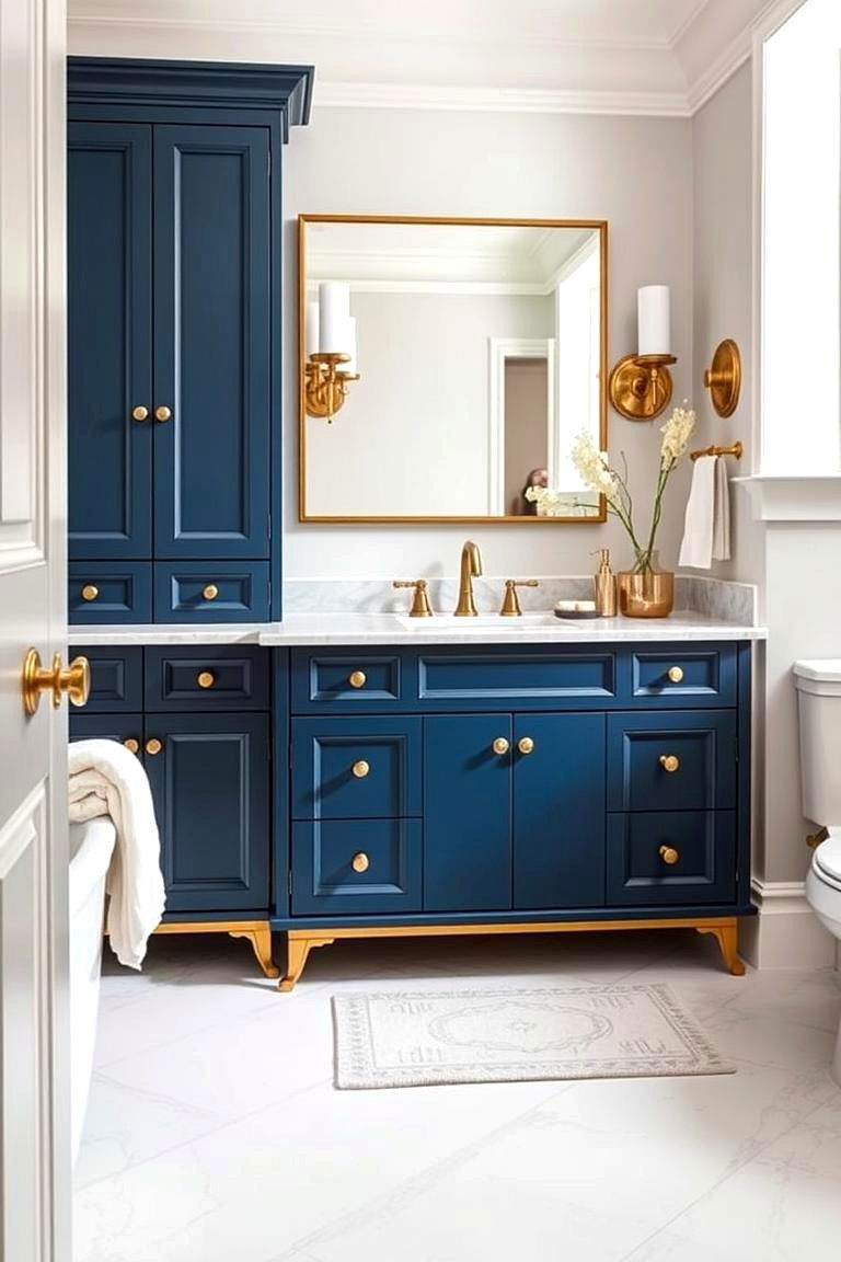 Blue Vanity with Brass Accents - 24 Blue Bathroom Vanity Ideas
