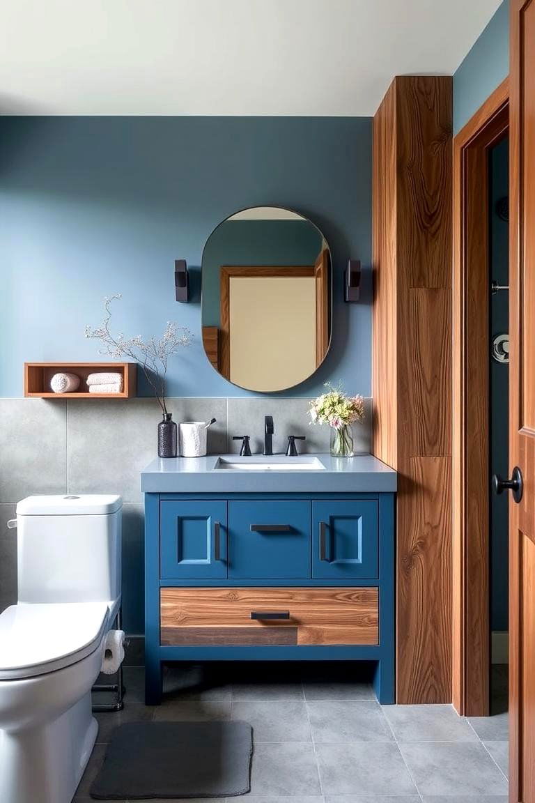 Blue Vanity with Wooden Accents - 24 Blue Bathroom Vanity Ideas