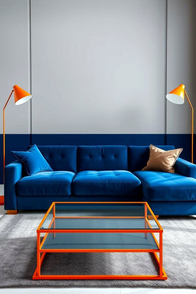 Blue Velvet Sofa with Orange Metal Accents - 24 orange and blue living room ideas