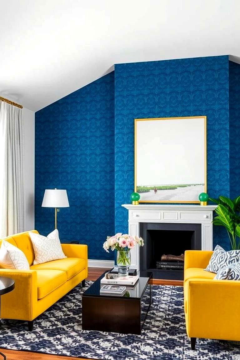 Blue Wallpaper with Yellow Accents - 24 Yellow and Blue Living Room Ideas