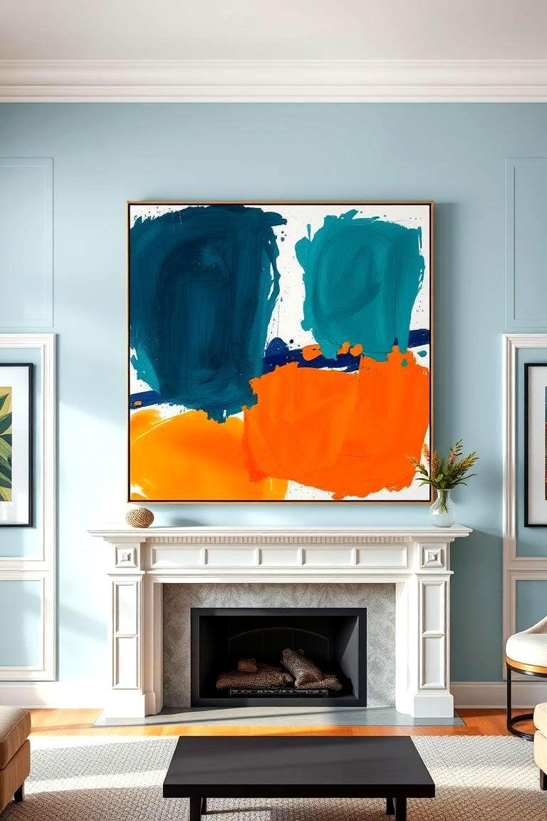 Blue Walls with Orange Accents in Artwork and Decor - 24 orange and blue living room ideas