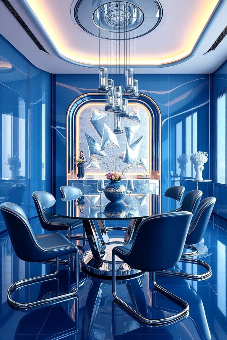 Blue and Metallic Modernity - 24 Blue Dining Room Ideas