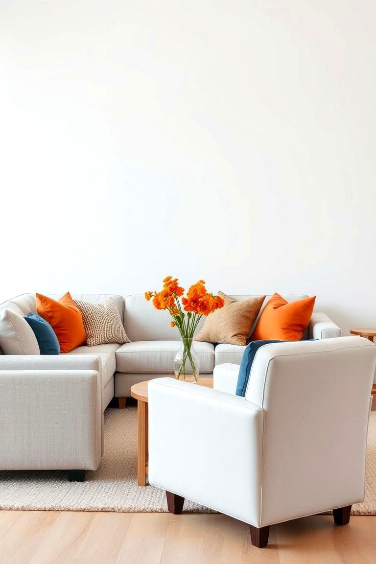 Blue and Orange Decorative Accessories on Neutral Furniture - 24 orange and blue living room ideas