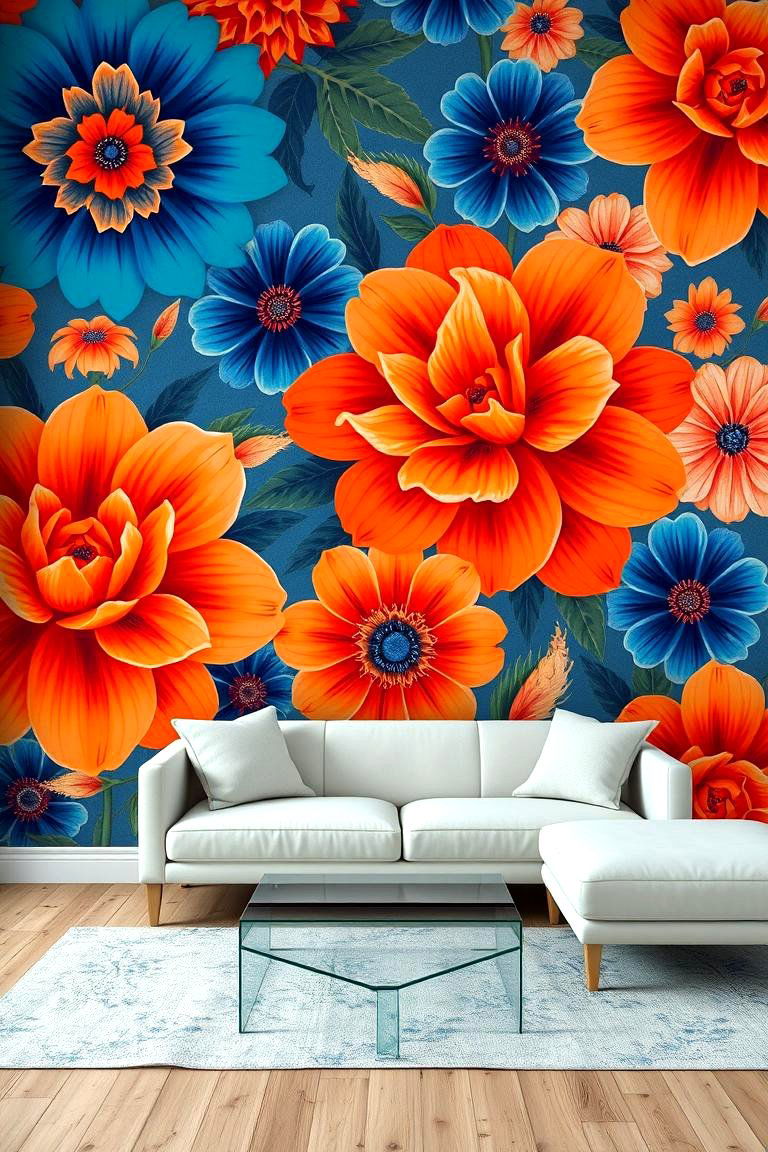 Blue and Orange Floral Wallpaper - 24 orange and blue living room ideas