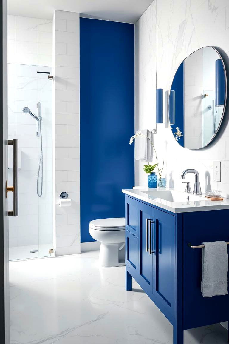 Blue and White Bathroom with Bold Blue Vanity - 24 Blue and White Bathroom Ideas