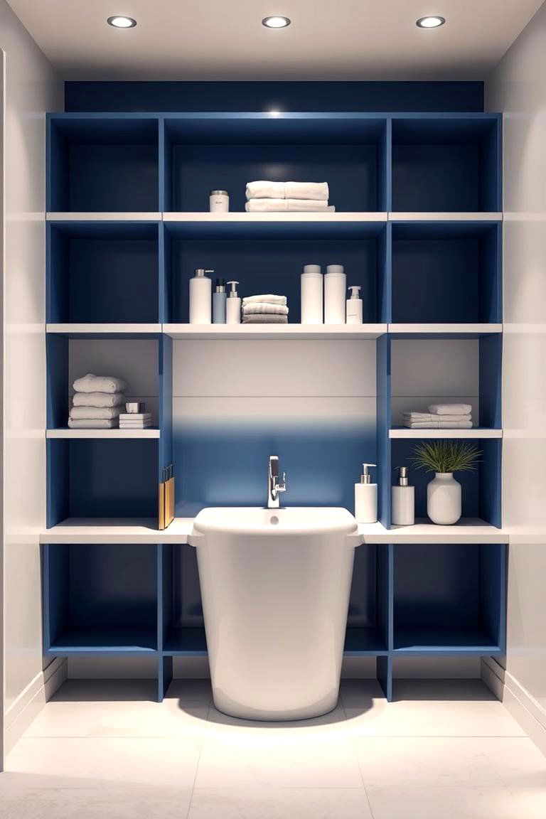 Blue and White Bathroom with Open Shelving - 24 Blue and White Bathroom Ideas