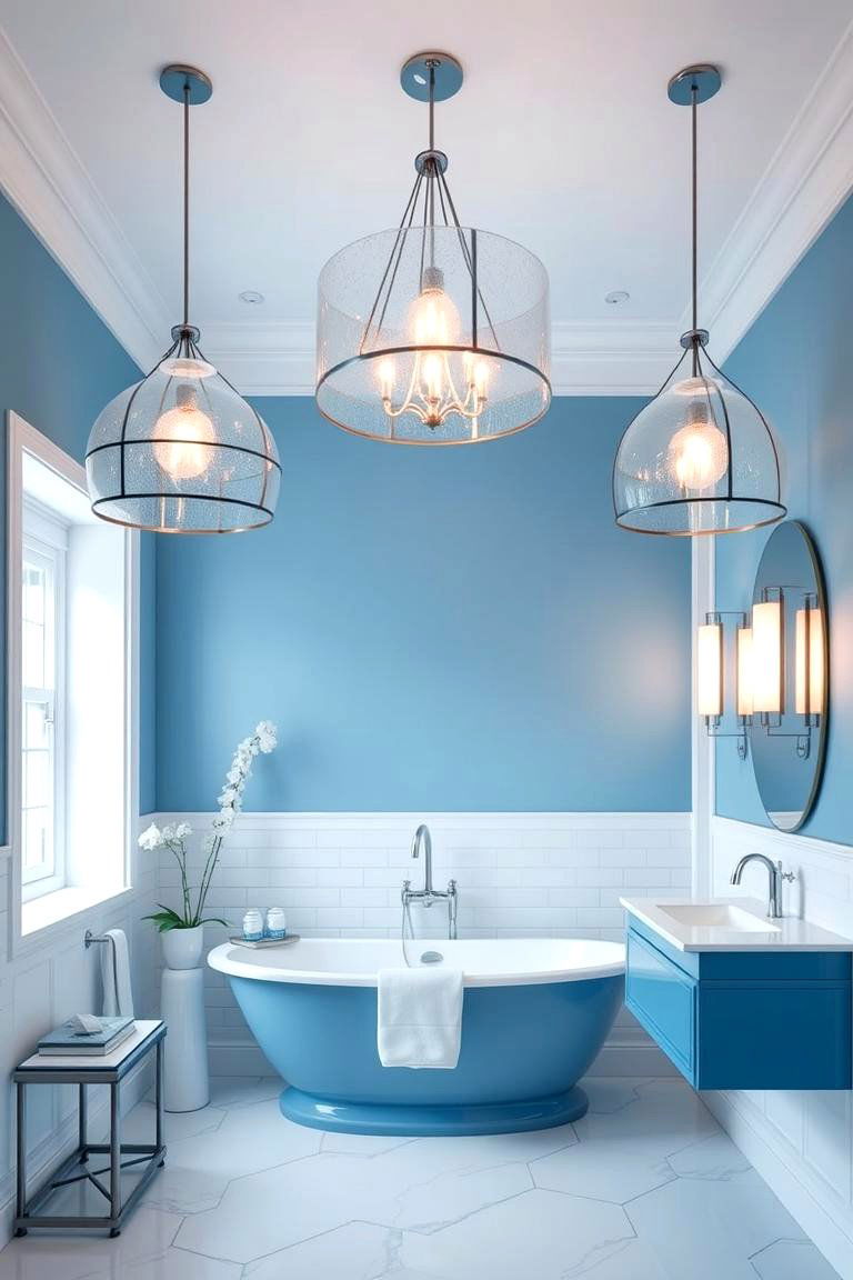 Blue and White Bathroom with Statement Lighting - 24 Blue and White Bathroom Ideas