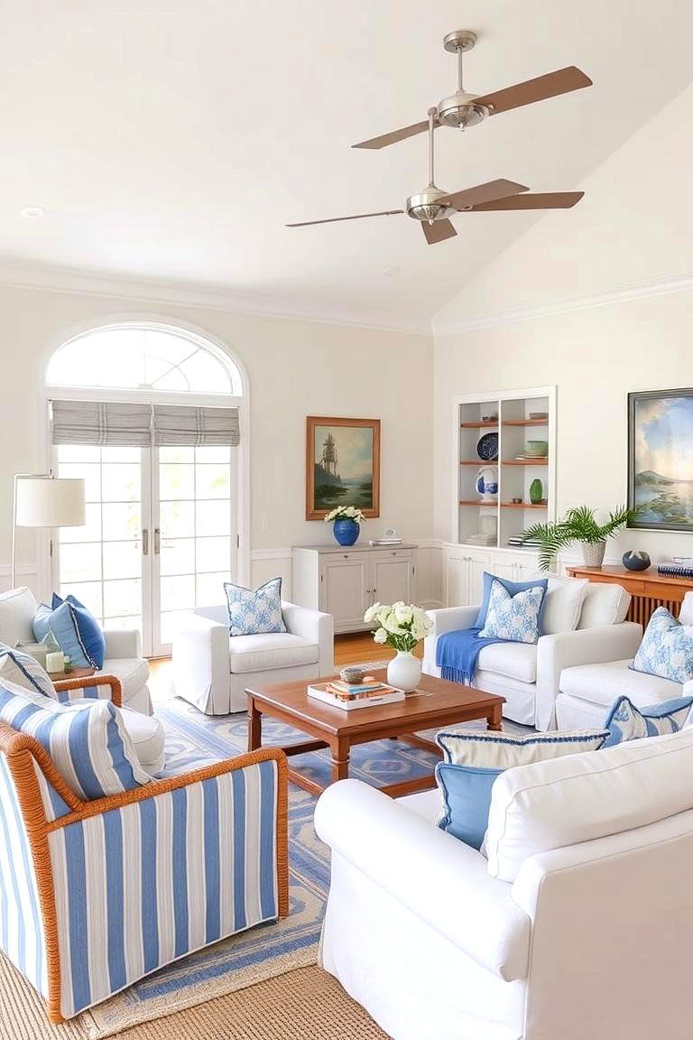 Blue and White Living Room with Striped Accents - 24 Blue Room Ideas